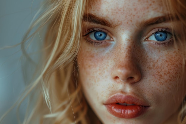 Ritratto di una donna bionda con le lentiggini da vicino. Ragazza dagli occhi blu. Pelle perfetta.