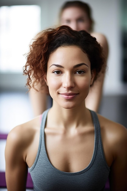 Ritratto di una donna che fa yoga con la sua amica sullo sfondo creato con l'IA generativa