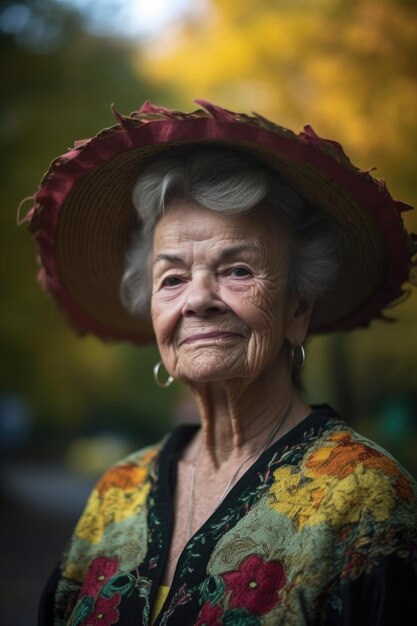 Ritratto di una donna che indossa un sombrero in piedi all'aperto creato con l'IA generativa