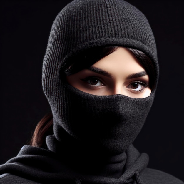Ritratto di una donna che indossa una balaclava su sfondo nero ai generativo