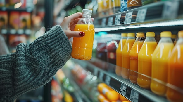 Ritratto di una donna che prende una bottiglia di succo di vetro da un frigorifero in un negozio con un grande spazio per testo o prodotto