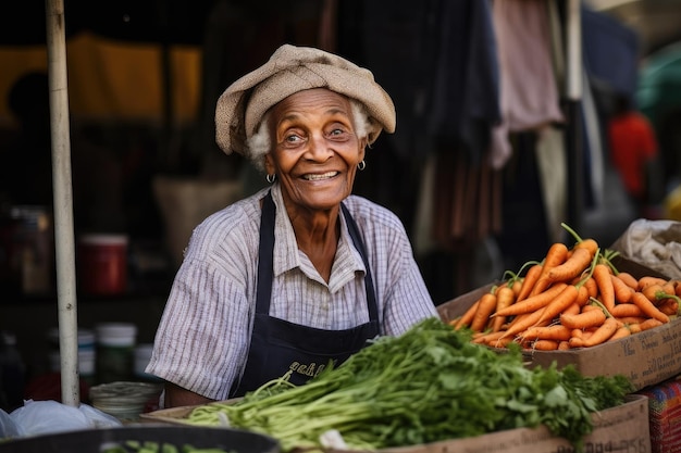 Ritratto di una donna che vende prodotti freschi in un mercato agricolo creato con AI generativa