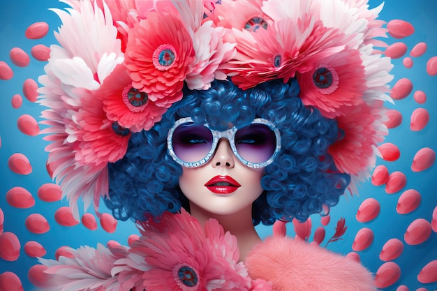 Ritratto di una donna come un uccello colorato piume super luminose ritratto di moda di una ragazza con piume e fiori aspetto espressivo pastello fuzz pesca rosa blu felice giorno della donna 8 marzo
