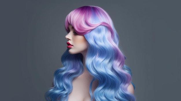 Ritratto di una donna con i capelli dai colori brillanti che volano tutte le sfumature di viola colorazione dei capelli bellissima
