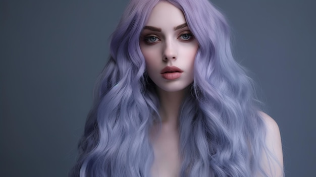 Ritratto di una donna con i capelli dai colori brillanti che volano tutte le sfumature di viola colorazione dei capelli bellissima