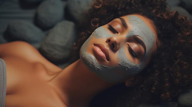 ritratto di una donna con i capelli ricci e una maschera di argilla grigia sdraiata sul letto della spa cura della pelle di bellezza organica