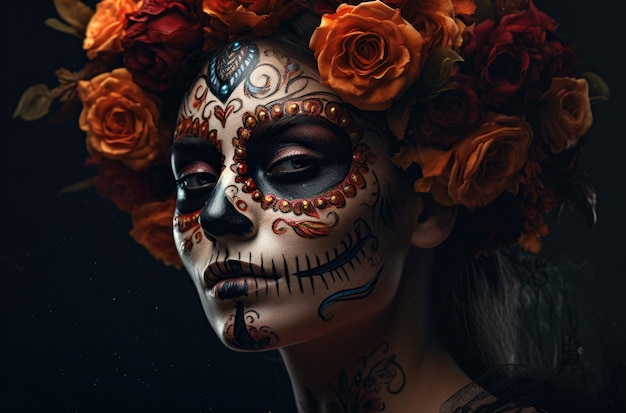 Ritratto di una donna con il trucco del cranio di zucchero su sfondo scuro Trucco e costume di Halloween Ritratto di Calavera Catrina Generative AI