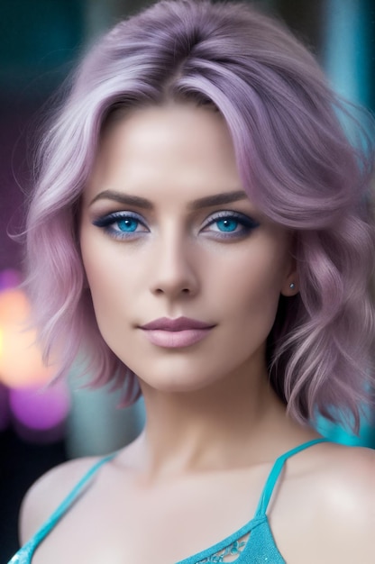 Ritratto di una donna con lunghi capelli blu viola metallici Fotografia cinematografica Progettista creativo digitale arte di moda Illustrazione AI