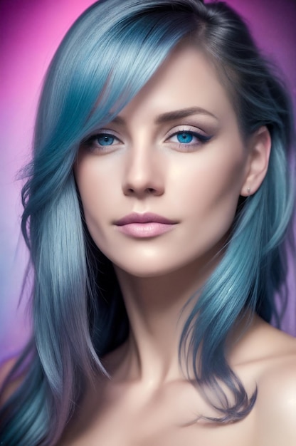 Ritratto di una donna con lunghi capelli blu viola metallici Fotografia cinematografica Progettista creativo digitale arte di moda Illustrazione AI