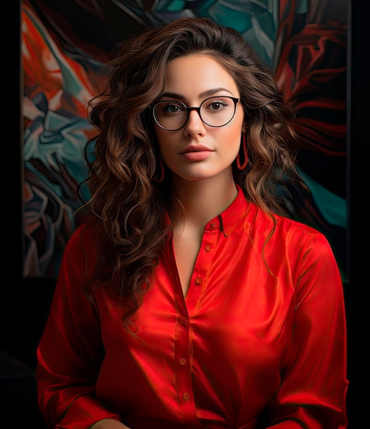 Ritratto di una donna con lunghi capelli ricci e occhiali Un dipinto astratto sullo sfondo