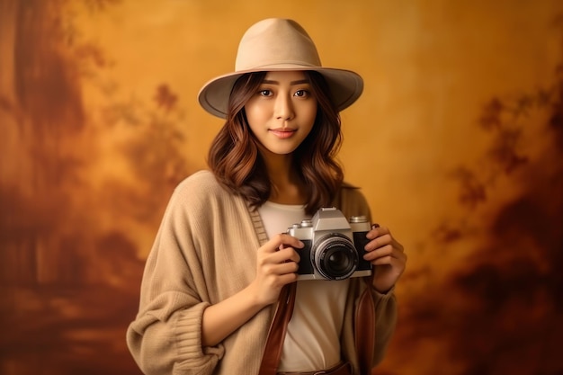 Ritratto di una donna con un cappello che tiene in mano una macchina fotografica AI generativa