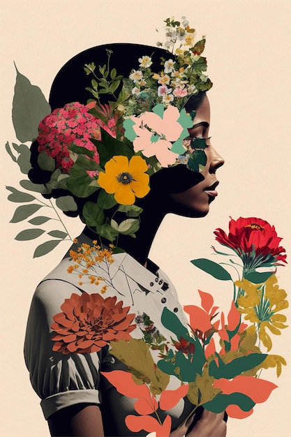 Ritratto di una donna con un sacco di fiori Disegno di collage di carta patinata astratta alla moda Generativo ai