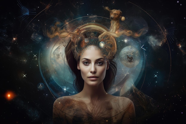Ritratto di una donna con un tema celeste con il suo segno zodiacale ben visibile e circondato da