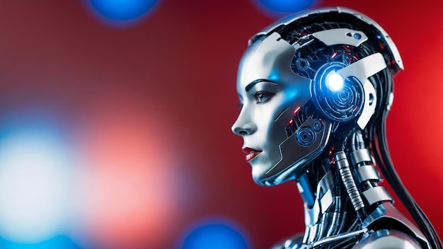 Ritratto di una donna cyborg su uno sfondo colorato concetto di intelligenza artificiale