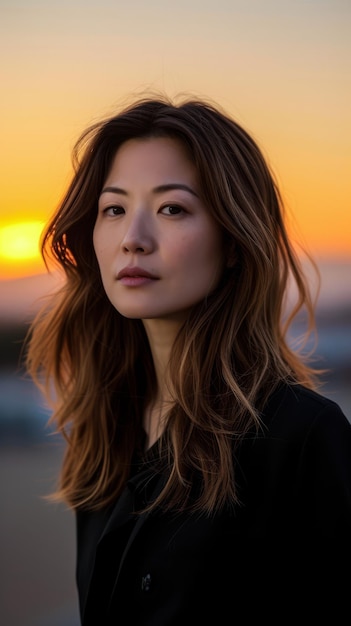 Ritratto di una donna d'affari asiatica che guarda con fiducia sullo sfondo dello spazio di copia del tramonto