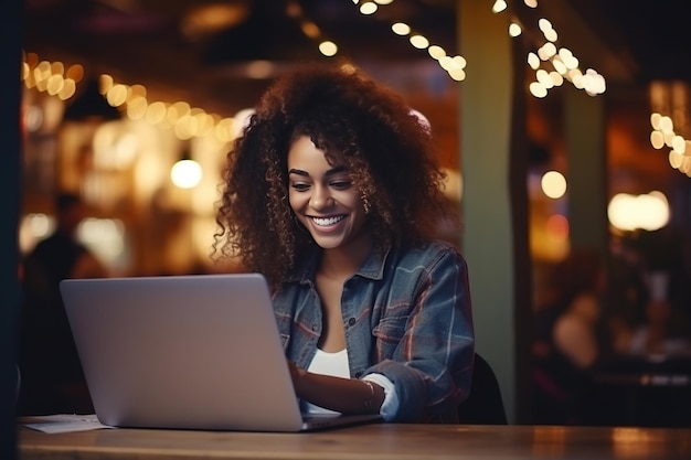 Ritratto di una donna d'affari di successo felice utilizzando il computer portatile IA generativa