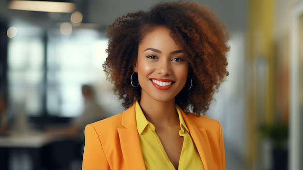 ritratto di una donna d'affari di successo nera che sorride in un abito scuro in ufficio