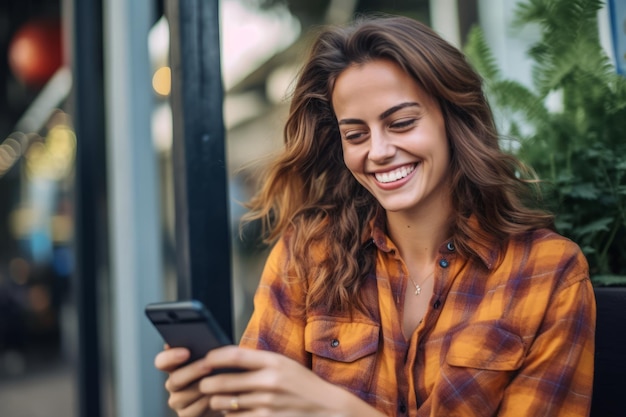 Ritratto di una donna della città che sorride con il suo smartphone
