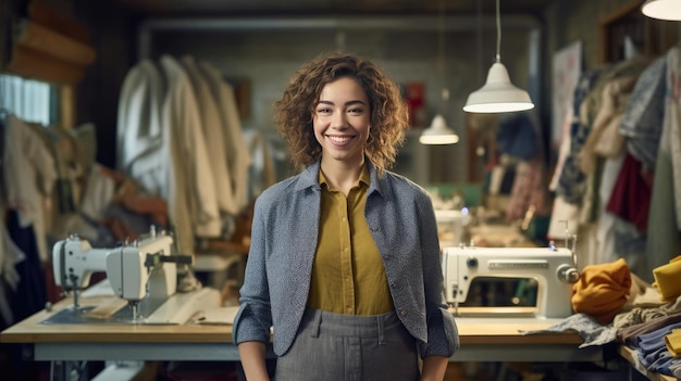 Ritratto di una donna designer di abbigliamento felice in piedi accanto alla macchina da cucire nell'atelier Generative Ai