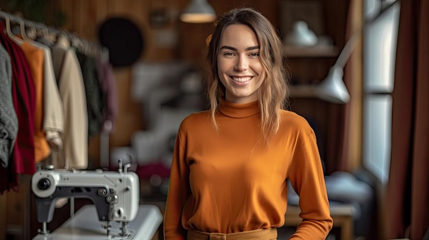 Ritratto di una donna designer di abbigliamento felice in piedi accanto alla macchina da cucire nell'atelier Generative Ai