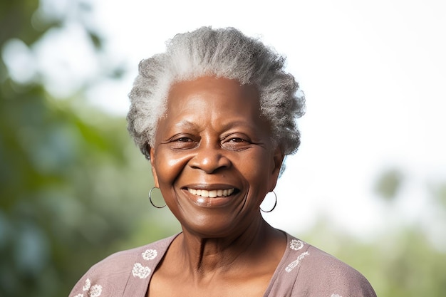 Ritratto di una donna di colore afroamericana senior con la foto dello studio dei capelli grigi isolata su un fondo bianco