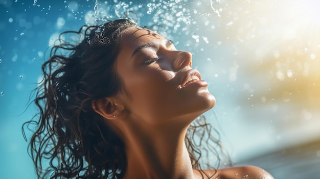 ritratto di una donna e schizzi d'acqua su uno sfondo soleggiato