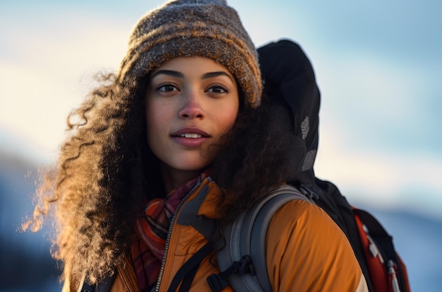 Ritratto di una donna escursionista multietnica in inverno