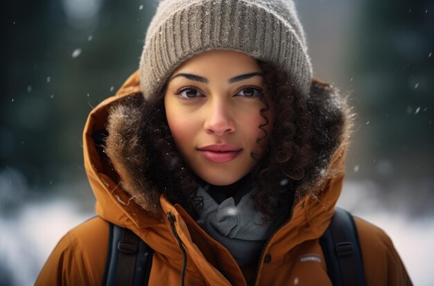 Ritratto di una donna escursionista multietnica in inverno