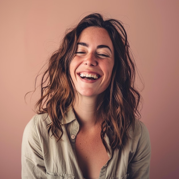Ritratto di una donna felice che ride su sfondo rosa