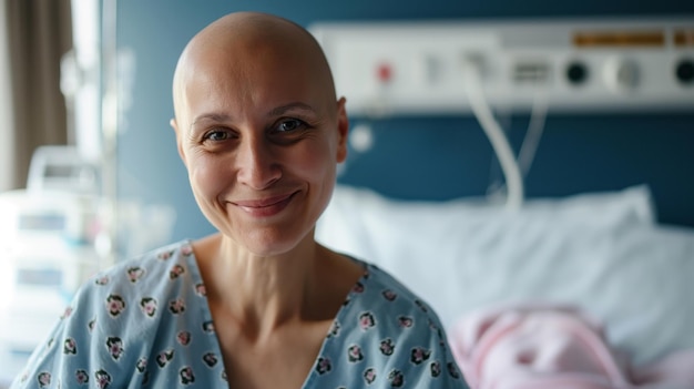 Ritratto di una donna felice con cancro al seno Una donna calva sorridente dopo la chemioterapia in una stanza d'ospedale Giornata mondiale del cancro Recupero dal cancro al seno