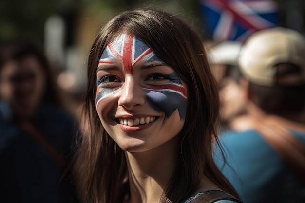 Ritratto di una donna felice con la faccia dipinta in Union Jack bandiera della Gran Bretagna generativa ai