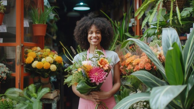 Ritratto di una donna felice in piedi di fronte a un negozio di fiori con una mostra di fiori e piante con un bouquet di fiori nelle sue mani Un piccolo imprenditore di successo AI Generative