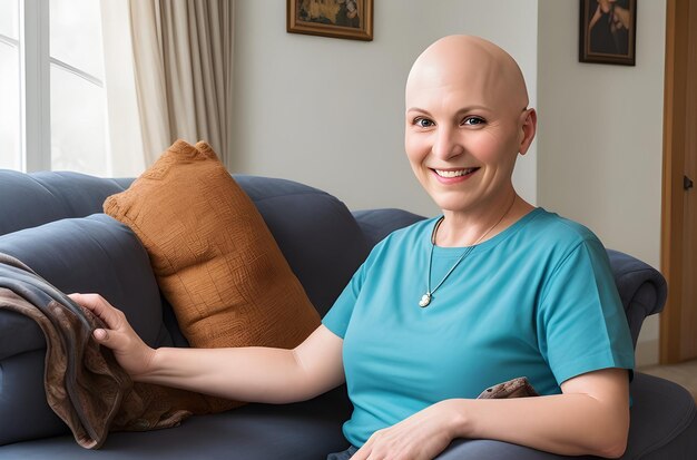 Ritratto di una donna forte, bella e sorridente, senza sopravvissuta al cancro dei capelli, seduta sul divano