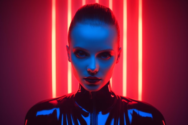 Ritratto di una donna futuristica in illuminazione al neon
