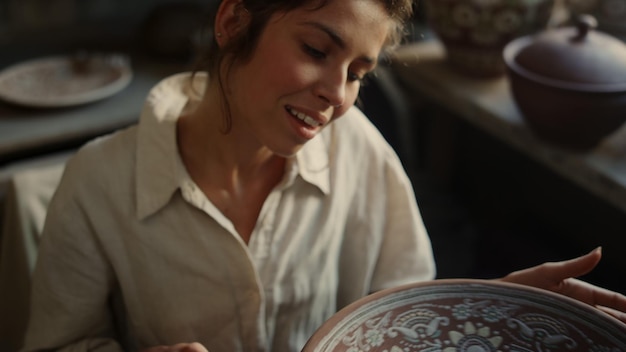 Ritratto di una donna giocosa che si gode di un piatto con ornamenti in laboratorio Closeup un'artista donna felice che gira una pentola di argilla in studio Un ceramista eccitato che usa la ruota della ceramica in ceramica