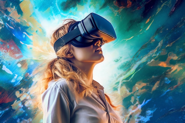 Ritratto di una donna immersa in un mondo VR