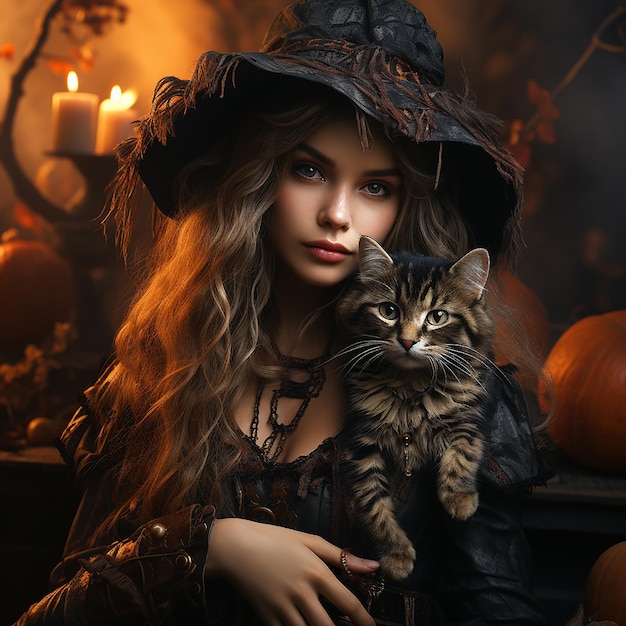Ritratto di una donna in costume da strega con il suo gatto