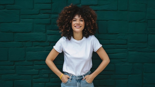 Ritratto di una donna in piena crescita che indossa una maglietta bianca e jeans
