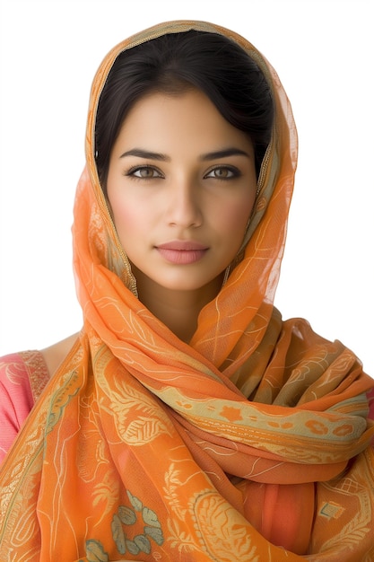 Ritratto di una donna indiana con il velo sullo sfondo bianco