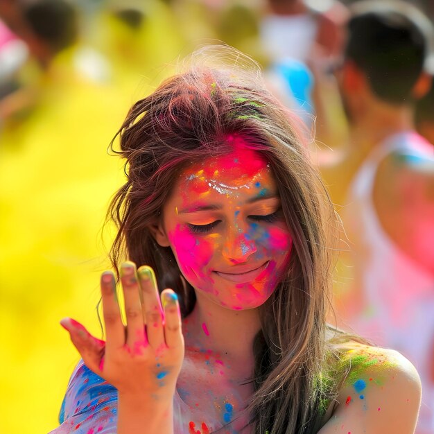 Ritratto di una donna indiana con la faccia di polvere colorata che celebra la felice festa di Holi