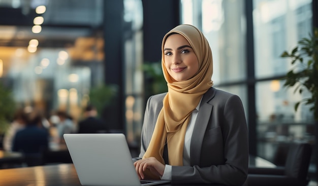 Ritratto di una donna musulmana che usa un computer in ufficio