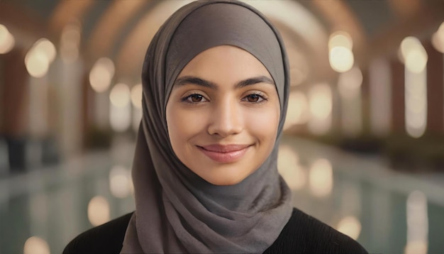 ritratto di una donna musulmana in hijab e vicino sullo sfondo