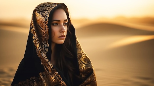 ritratto di una donna orientale seduta sulla sabbia del deserto al tramonto trucco in stile arabo occhi affumicati