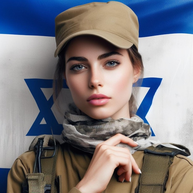 ritratto di una donna patriota armata soldato guardia ufficiale militare Bandiera di Israele sullo sfondo