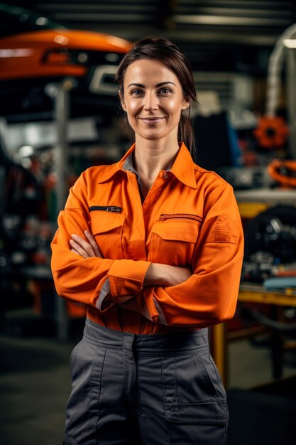 Ritratto di una donna proprietaria di un'officina in piedi con sicurezza nel suo garage Generativa AI