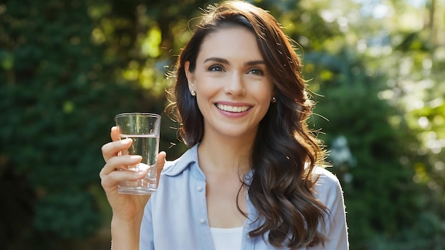 Ritratto di una donna sana e sorridente che tiene in mano un bicchiere d'acqua