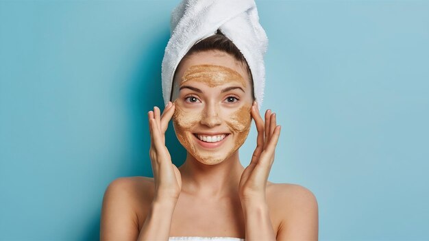 Ritratto di una donna sana sorridente in un asciugamano da bagno con la faccia pulita naturale scrub di caffè dopo lo sho