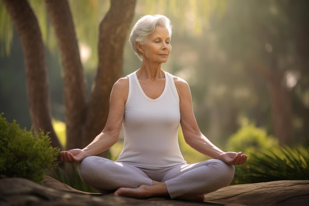 Ritratto di una donna senior che fa yoga nel parco all'alba