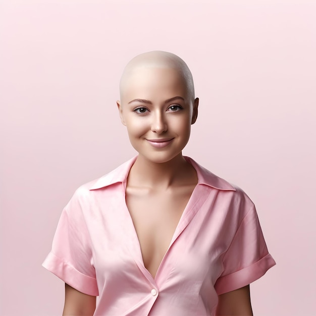 Ritratto di una donna senza capelli con cancro alla pelle, post sui social media per la Giornata Mondiale del Cancro
