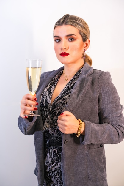 Ritratto di una donna sicura di sé con un bicchiere di champagne